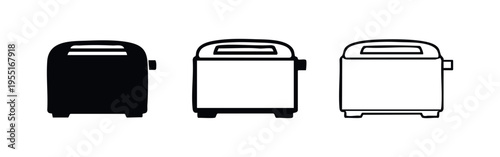 Toaster icons set in three different styles. Kitchen appliance symbol in glyph, outline, and linear style.
