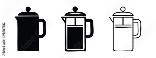French press coffee maker icons set in three different styles. Coffee brewing symbol in glyph, outline, and linear style.