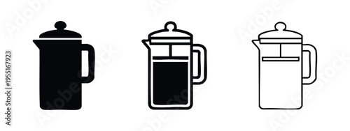 French press coffee maker icons set in three different styles. Coffee brewing symbol in glyph, outline, and linear style.