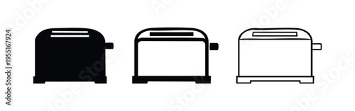 Toaster icons set in three different styles. Kitchen appliance symbol in glyph, outline, and linear style.