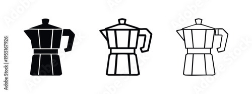 Moka pot icons set in three different styles. Stovetop espresso maker symbol in glyph, outline, and linear style.