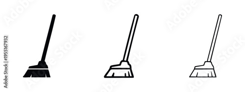 Broom icons set in three different styles. Cleaning tool symbol in glyph, outline, and linear style.