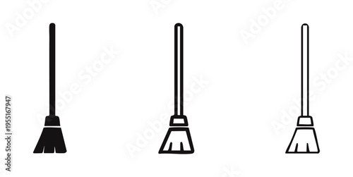 Household Cleaning Broom Icon Set for Domestic Chores