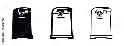 Electric can opener icons set in three styles. Kitchen utensil symbol in glyph, outline, and linear style.