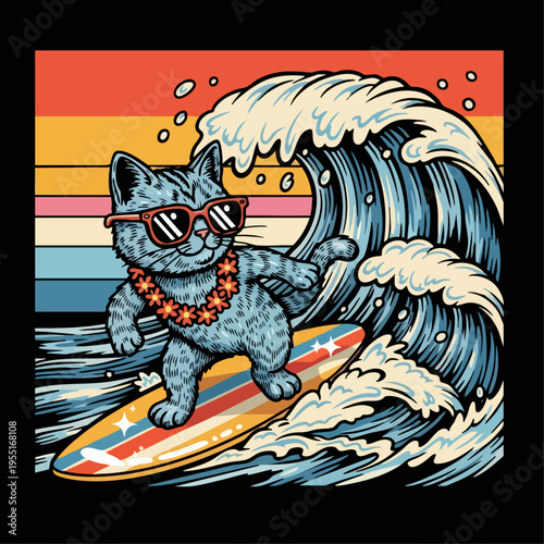 Cat Wearing Sunglasses Riding Surfboard.