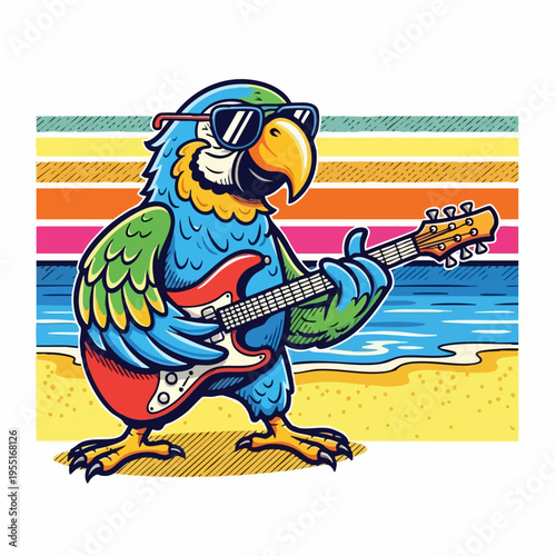 Colorful Parrot Playing Electric Guitar on Beach.