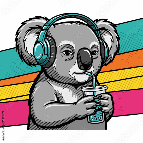 Koala Wearing Headphones Drinking from Straw.