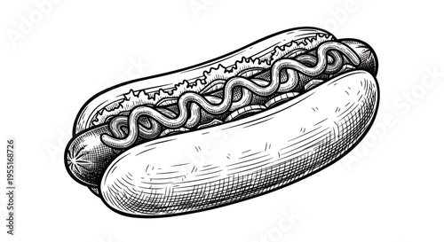 Hand-drawn Sketch Hot Dog with Mustard and Relish on White Background