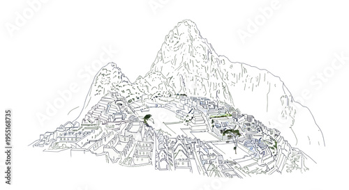 Machu Picchu Outline Drawing - Ancient Inca Citadel in Andes Mountains