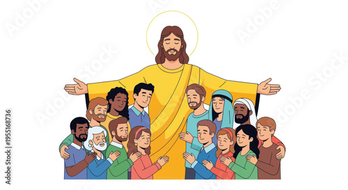 Jesus Christ Embraces Diverse Group of People, Symbolizing Love and Inclusivity