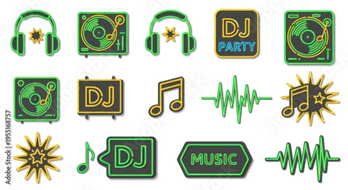 Neon DJ Equipment and Music Symbols Set, Party Night Lights