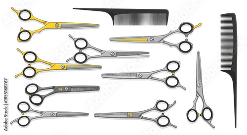 Professional Hairdressing Scissors and Combs Assortment, Barber Tools Collection