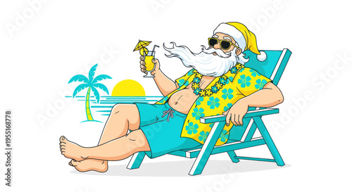 Santa Claus relaxing on beach chair with cocktail, tropical vacation, holidays