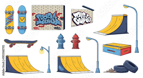 Skateboard Park Elements: Ramps, Graffiti, Streetlights, and Skateboards