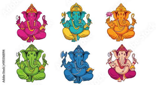 Colorful Ganesha Icons Collection - Elephant God Symbols