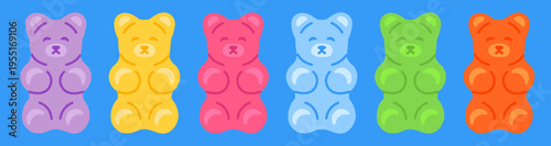 Groovy sticker set with gummy bears in purple, yellow, pink, blue, green and orange on a blue background. Bright candy characters with glossy details for packaging, stationery, posters and prints.