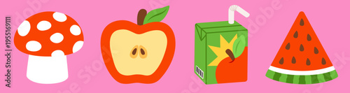 Funky sticker set with mushroom, apple, juice box and watermelon slice on a pink background. Bright food elements with bold shapes and vivid colors for packaging, stationery, prints and branding.