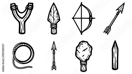 Rustic Engraving Style Vector Set Featuring Primitive Weapons and Ancient Tools for Hunting and Survival Slingshots, Arrows, Bows, and Stone Spearheads for Crafting and Exploration