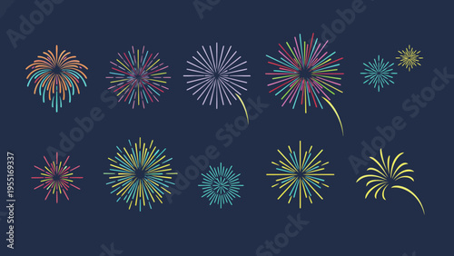 Dynamic display of festive fireworks bursts, a graphic assortment for New Year's Eve, celebrations, and joyful event designs