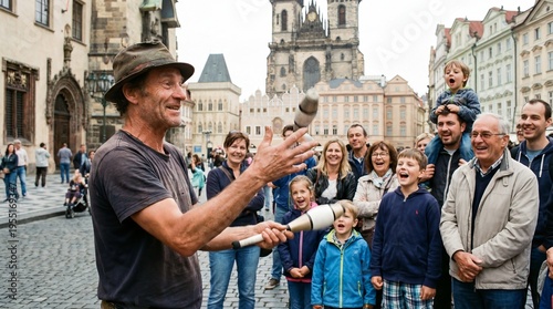 Street Performer Entertains Crowd: A skilled street performer captivates an appreciative audience, showcasing his juggling prowess in a bustling urban environment.