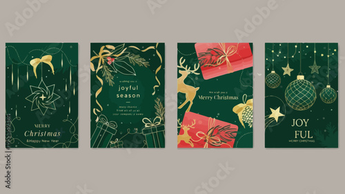 A curated collection of elegant and festive Christmas card designs featuring intricate golden illustrations on a rich emerald background, perfect for holiday greetings and celebrations