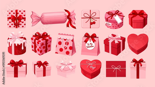Diverse collection of beautifully illustrated gift boxes and wrapped candies in vibrant red and pink, adorned with bows and heart motifs, perfect for romantic celebrations, holidays, and birthdays