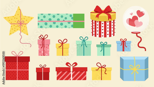 A diverse collection of vibrant gift boxes, star-shaped presents, and heart balloons, perfect for birthdays, holidays, and festive celebrations