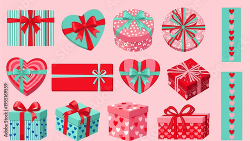 Colorful collection of various gift boxes, some heart-shaped, adorned with elegant ribbons and charming heart patterns, perfect for celebrating love, holidays, birthdays, or special moments