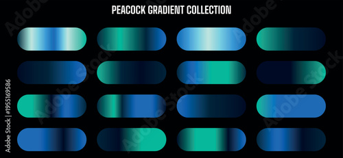 Peacock Gradient Collection Vector Set: 16 Modern Blue and Green Color Swatches for Design