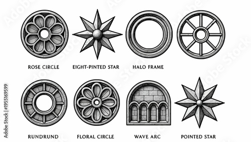 Collection of ornate circular decorative architectural elements including floral designs, rosettes, and starbursts