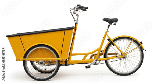 Yellow cargo bicycle with a large storage box for transporting goods, perfect for urban deliveries and eco-friendly commuting