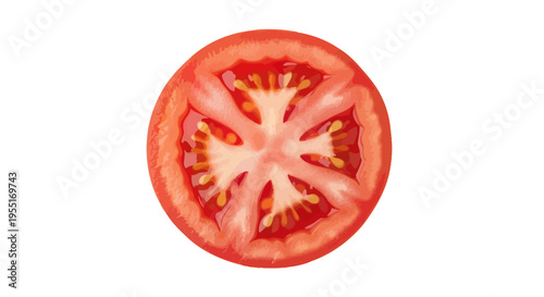 Close-up, Top-down view of a vibrant, ripe tomato slice revealing its juicy, seeded interior and natural texture, isolated on a white background