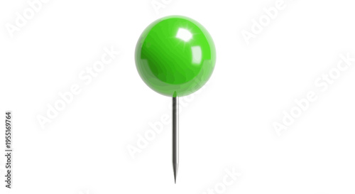Vibrant green glossy pushpin, an essential office stationery item for securing notes, memos, and documents to boards, symbolizing organization