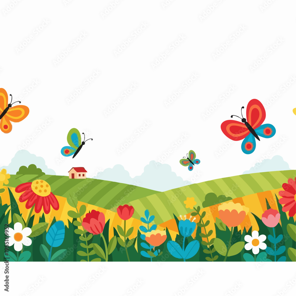 Naklejka premium Colorful Butterflies Flying Over Vibrant Flowers.