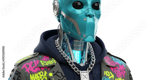 Futuristic Robot Character Portrait in Urban Streetwear Fashion with Chains and Hoodie