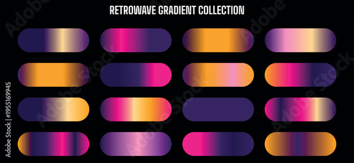 Retrowave Gradient Collection Vector Set with 16 Vibrant Neon Color Swatches for Modern Design