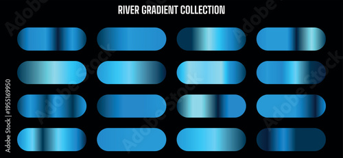 River Gradient Collection: Set of 16 Blue and Cyan Metallic Color Swatches Vector Backgrounds