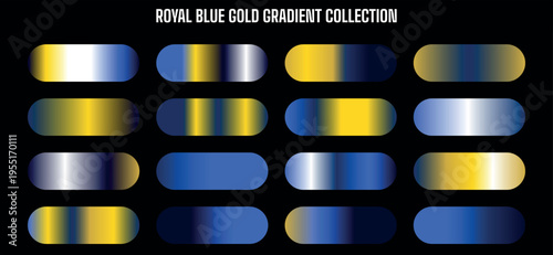 Royal Blue Gold Gradient Collection Vector Set: 16 Modern Metallic Color Swatches for Design Backgrounds