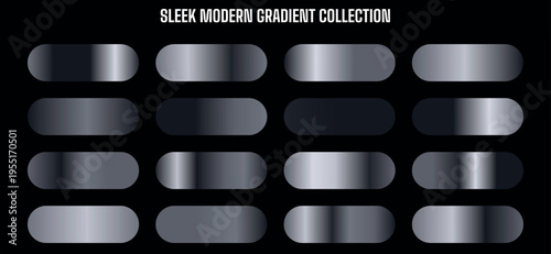 Sleek Modern Gradient Collection: Set of 16 Metallic Silver and Black Gradients Vector Swatches