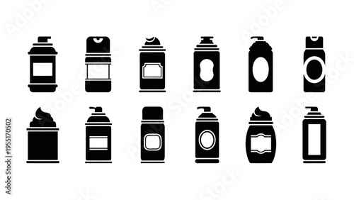 Black and white icons of various spray bottles.
