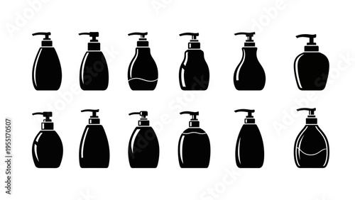 Black silhouettes of various dispenser bottles.