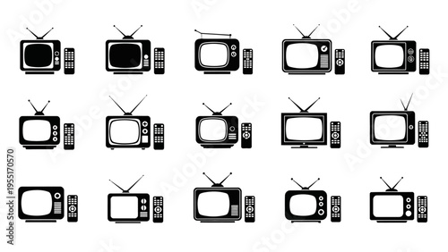 A collection of old television sets and remote controls.