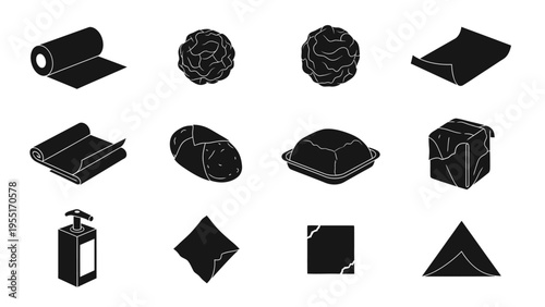Collection of various geometric shapes and objects in black and white.