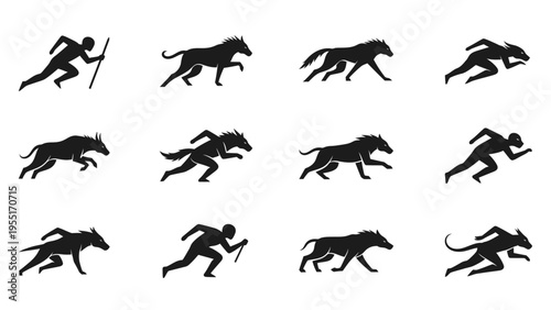 Black silhouettes of people running from bulls.