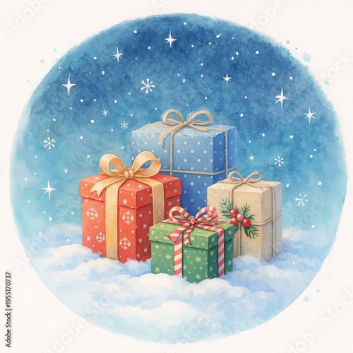 Winter scene with wrapped gifts in soft colors and snowflakes for holiday themed designs and greeting cards