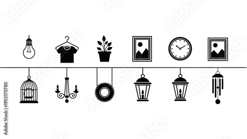 Black and white hanging objects collection.