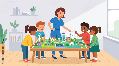 children playing with city model.