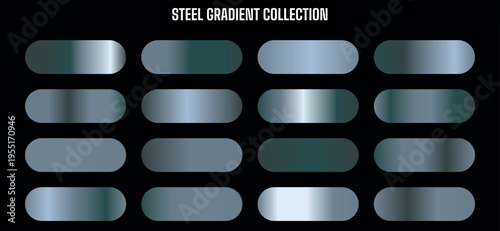 Steel Gradient Collection Vector Set: 16 Metallic Blue and Gray Swatches for Modern Design