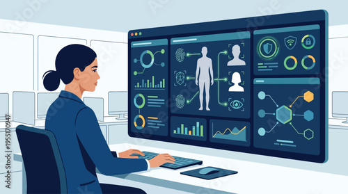 Woman Working on Large Computer Screen.