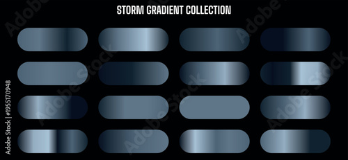 Storm Gradient Collection: Set of 16 Dark Blue and Grey Metallic Color Swatches Vector
